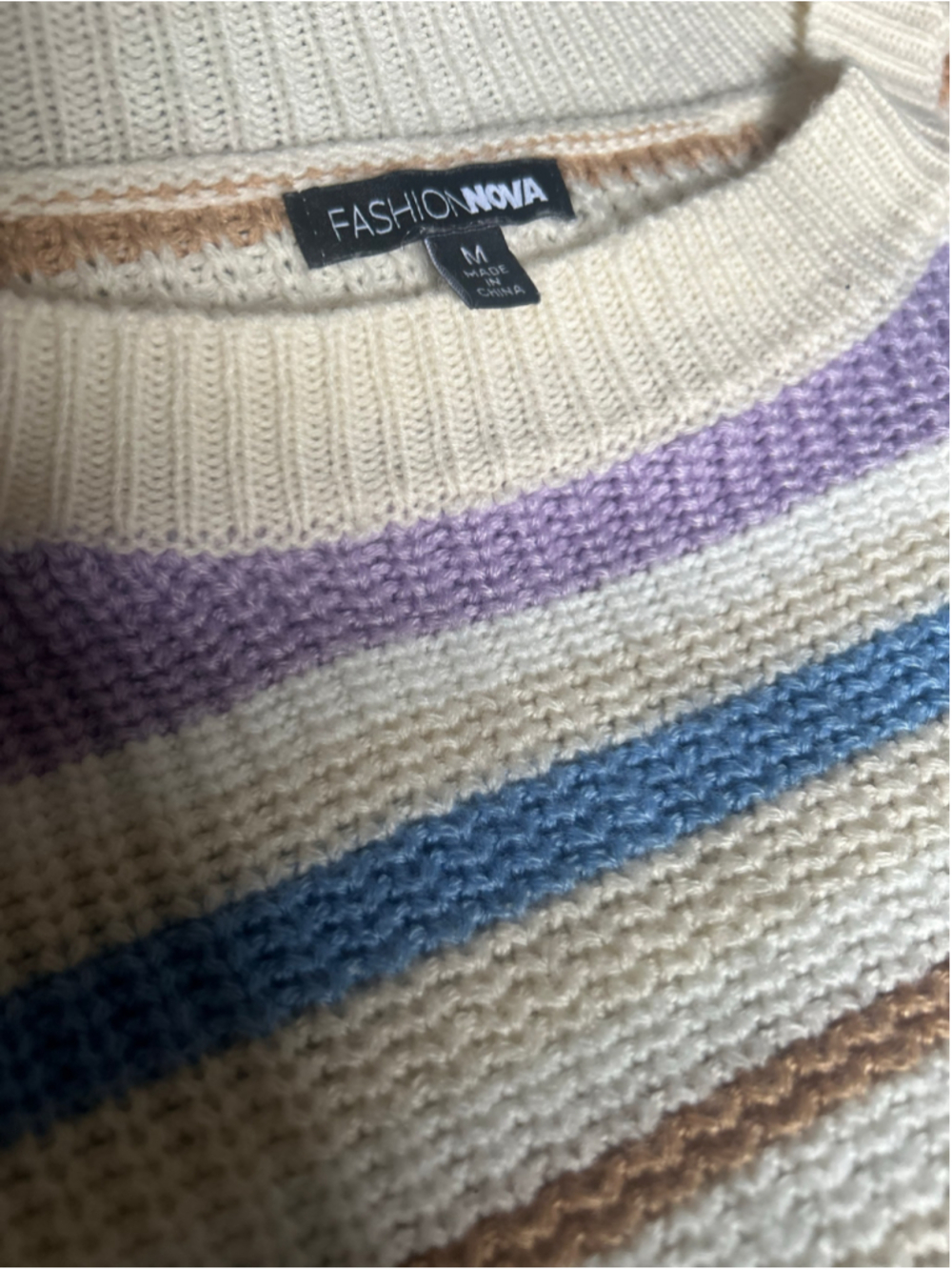 Striped Crew Neck Sweater Size M White Blue Purple - Picture 7 of 8